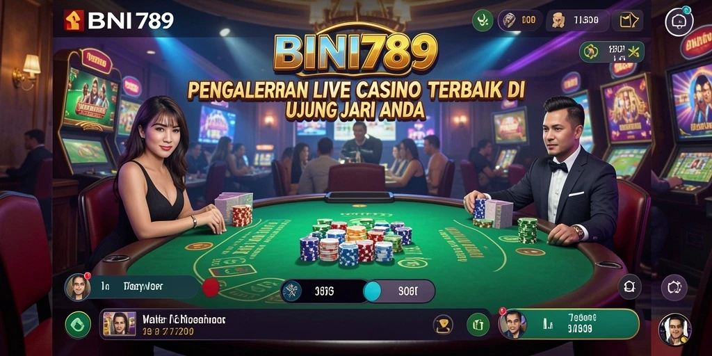 Screenshot BNI789 menampilkan dealer langsung dan suasana kasino yang hidup.