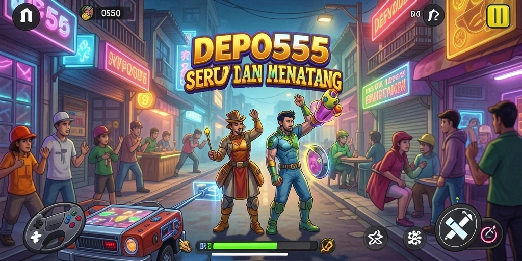 Tampilan gameplay imersif DEPO555 dengan warna-warni yang cerah.