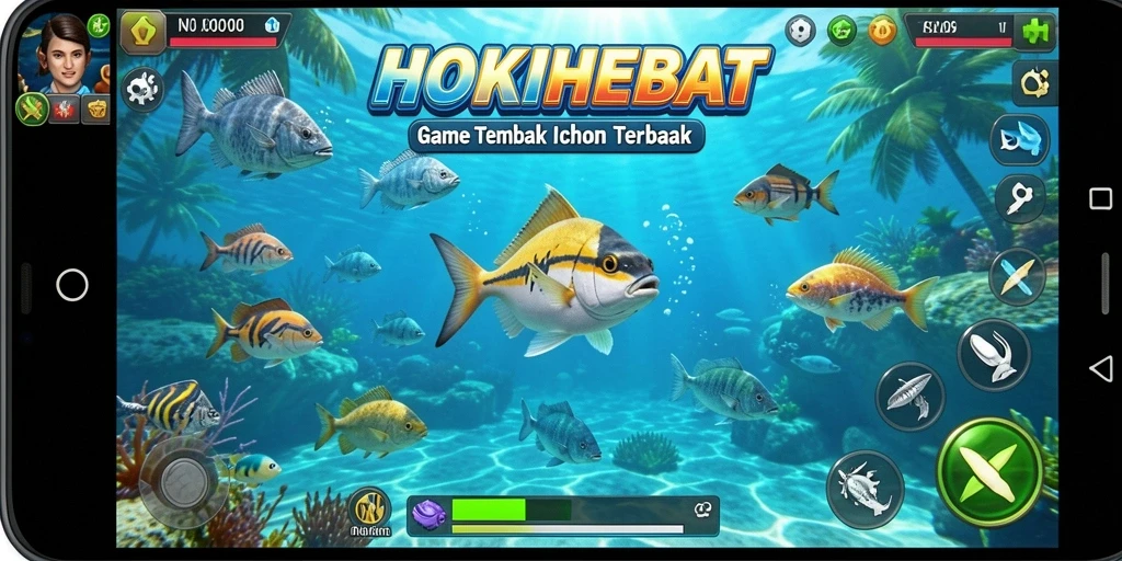 Tangkapan layar gameplay HOKIHEBAT menampilkan aksi tembak ikan yang seru.