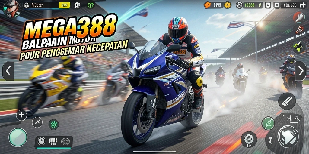 Tampilan gameplay balapan motor di MEGA388 yang mendebarkan.