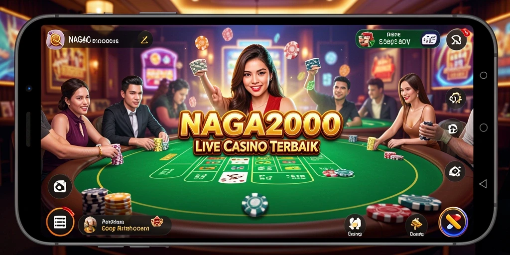 Screenshot gameplay NAGA2000 menampilkan dealer langsung dan suasana kasino.
